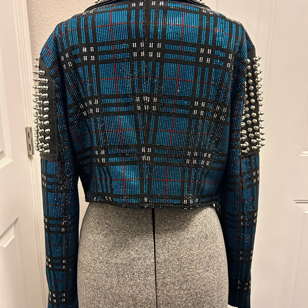 RARE Rhinestone and Riveted Spiked Clueless Plaid Cropped Leather Moto Jacket !! - Picture 6 of 7